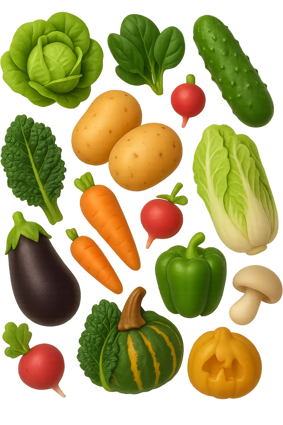 emoji stile iphone 3d di Lattuga, spinaci, cavolo cinese, cavolo nero
Patate, carote, rape, ravanelli
Melanzane, cetrioli, peperoni verdi
Funghi ostrica
Zucca kabocha
 che fluttuano in aria, iperealistico 4k emoji