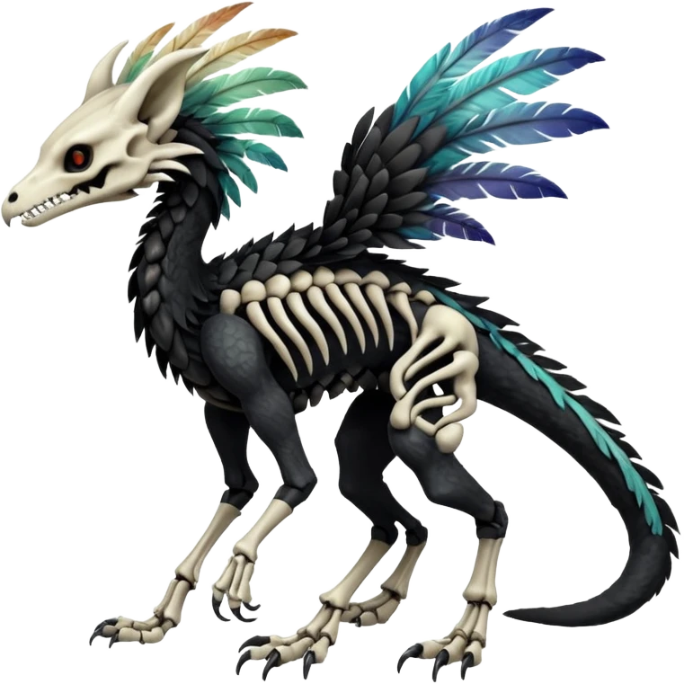 Rare realistic tribal patterned white whitish pastel colorful iridescent shiny glossy feathered skeletal badass epic handsome gorgeous aesthetic black-skulled Vernid-Trico-Sergal-Salandit-Nargacuga-species-Fakemon-creature by LiLaiRa, 4 legs, 1 tail, random markings, (full body) long ears emoji