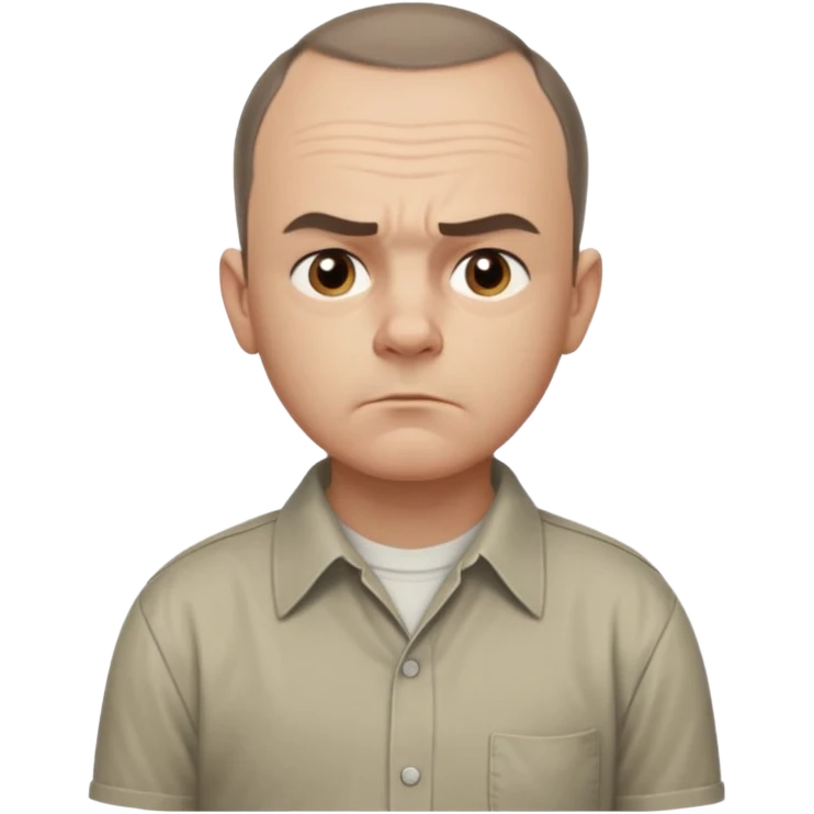 Carl from Sling Blade, serious expression, recognizable features, chin sticking out, slouching posture, no glasses, shirt with collar,  side view,show his entire body, he is standing. three-quarter face angle. He sticks his head forward emoji