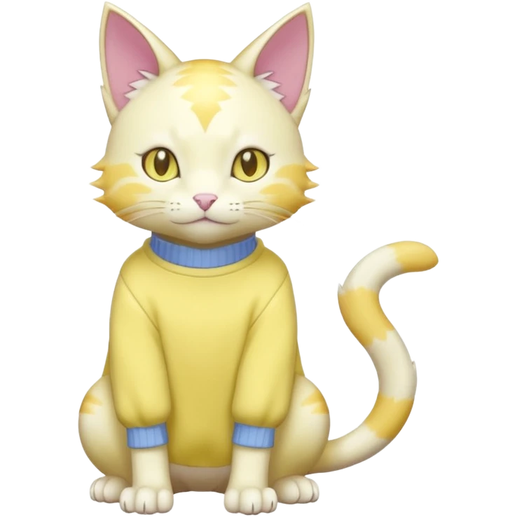 Albino shiny glossy smooth soft realistic cute pretty elegant cat-garurumon-purloin-feline-Fakemon-Digimon-creature wearing a pastel yellow sweater fursona (full body)  emoji