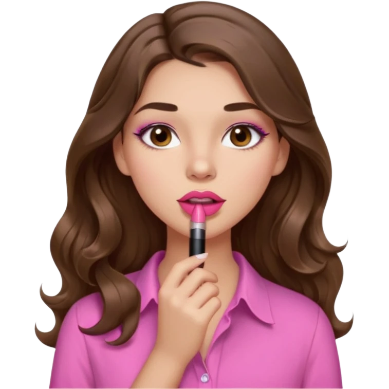 girl with long wavy brown hair, brown eyes, light to medium complexion, in a pink shirt, pink lips, long lashes, puckered lips, putting on lipstick emoji