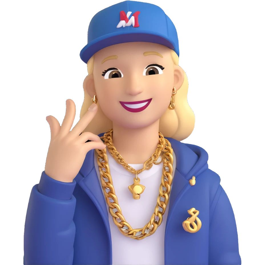 Jul French rapper with cap gold chain smiling playful style emoji
