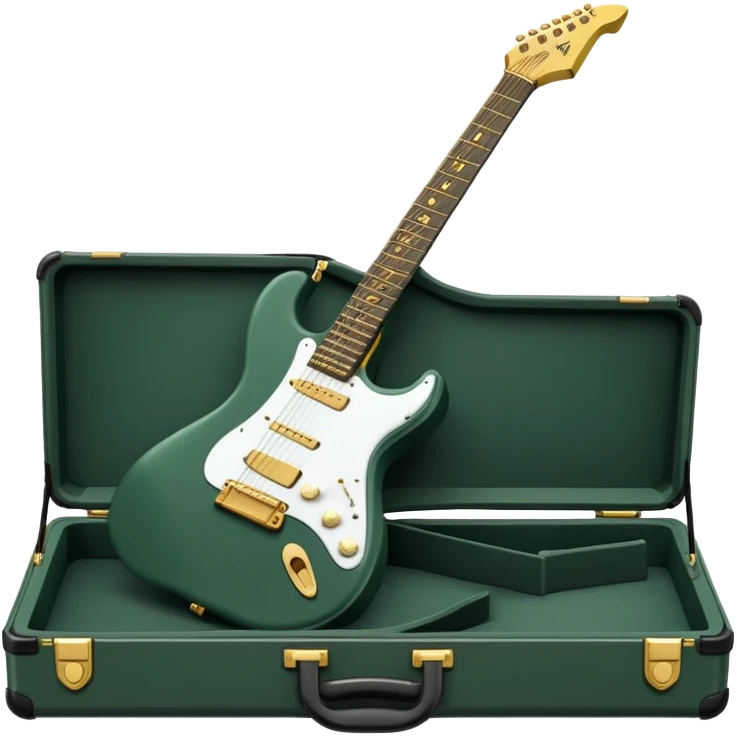 minimalist electric guitar in dark green, closed inside a black rectangular hard case with gold latches, soft matte textures, simplified details emoji