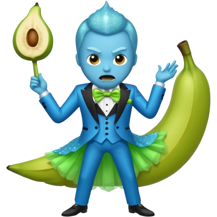 Angry blue banana fruit wearing a sparkly lime green tuxedo and tutu emoji