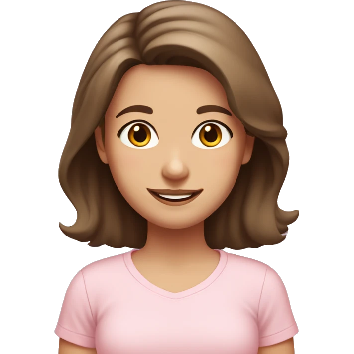 a brown-haired girl with brown eyes in a pale pink T-shirt smiles and has medium-length hair with a small pink bow on her head emoji