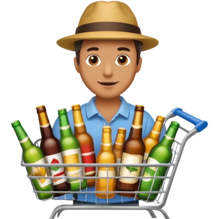 man with a shopping cart full of beers and wines emoji