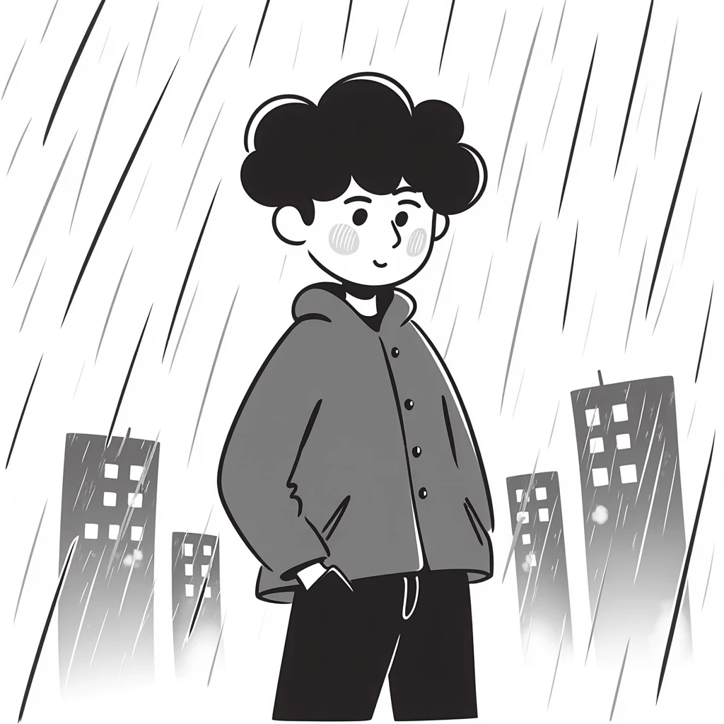 Anime boy protagonist standing in pouring rain, dramatic anime scene emoji