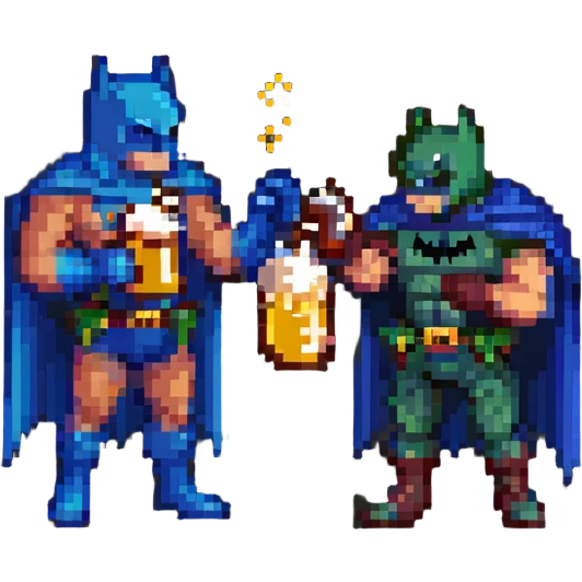 Batman and Robin wrestling, Batman drinking beer, pixel art style emoji