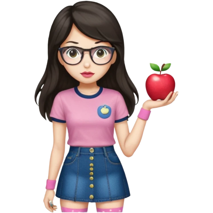 Light skin but a little white , monolid eyes,  dark brown long (not too long but not too short) hair, a button nose, fuller lips, blush (Light) PiNk liptint not too pink, wearing  bayonetta glasses (red) a apple T-shirt, dotted socks, a denim skirt emoji