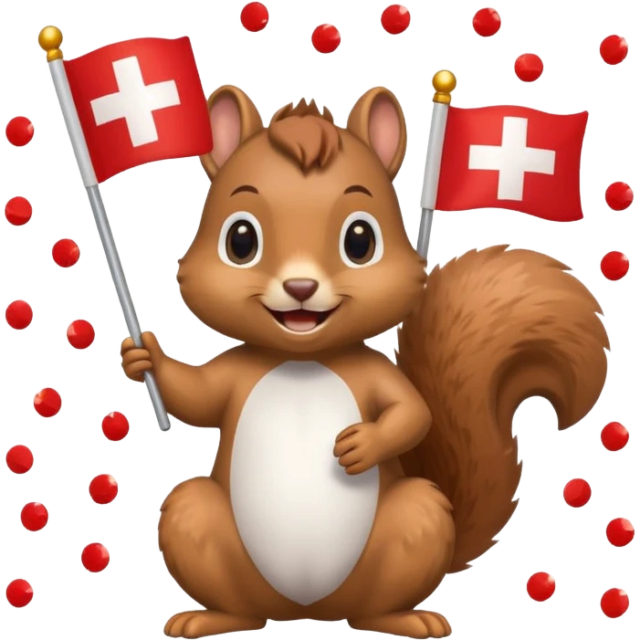 squirrel holding a Swiss flag, surrounded by confetti, emoji style emoji