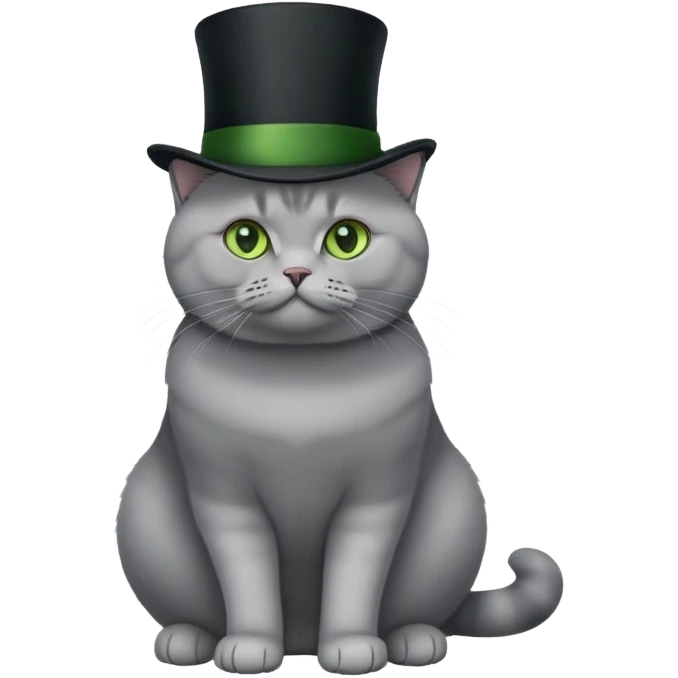gray British Shorthair cat full body sitting with a black top hat and green eyes emoji