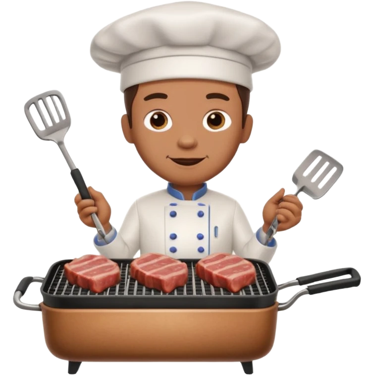 A 3D cartoon cook flipping meat on a grill with tongs, gentle smoke effect, Memoji-style lighting. emoji