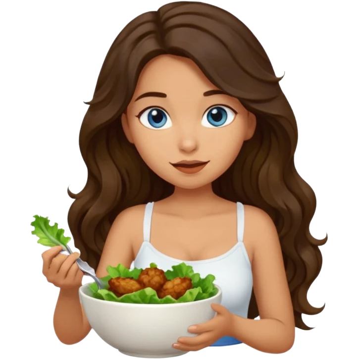 Girl with olive skin, blue eyes, brown dark insanely wavy long hair, white camisole eating a bowl of lettuce and chicken emoji
