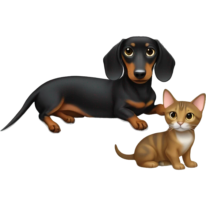 black and tan smooth dachshund with grey cat in the bed  emoji