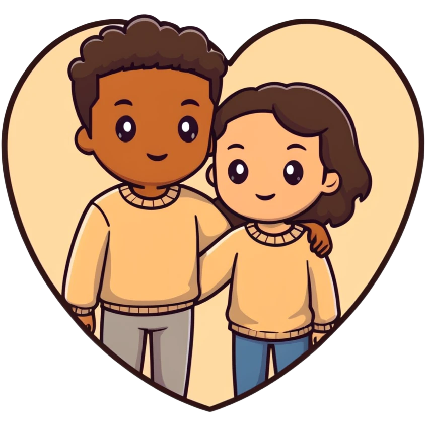 A couple with dark brown hair and mixed skin tone inside a white heart, wearing beige clothes emoji