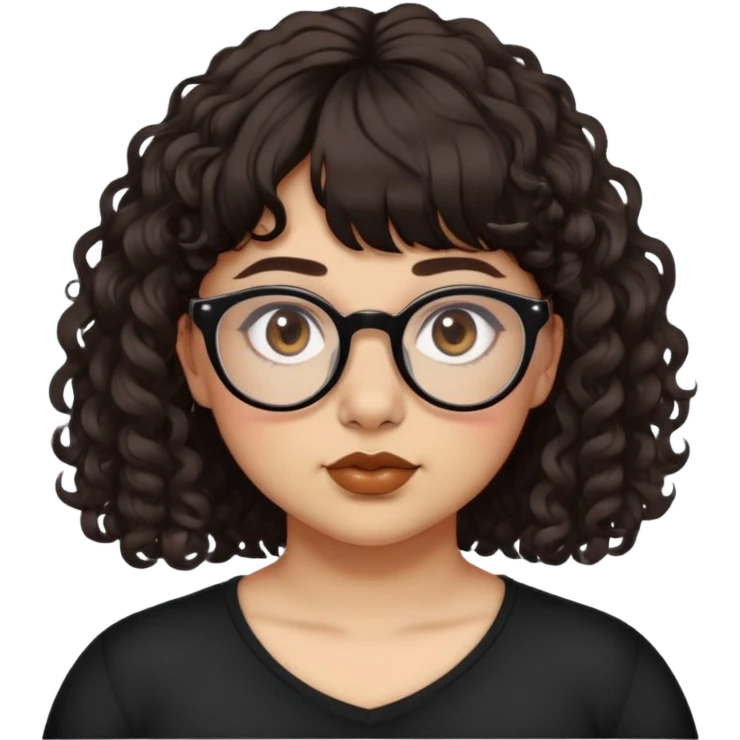 Light tan skin, woman/non-binary, slightly chubby, septum piercing, deep brown eyes, curly very dark brown neck length hair with bangs. Glasses. Alternative.  emoji