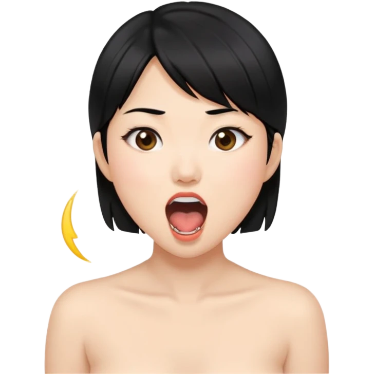 Asian girl, black hair, open mouth, cumshot, nude emoji