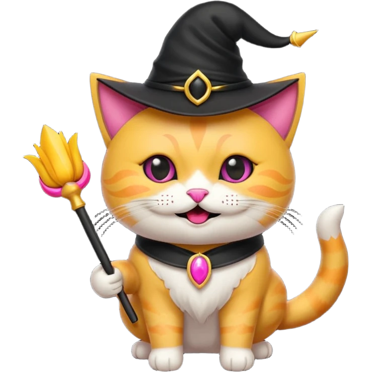 Gotito negro con ojos amarillo sonriendo feliz con los bigotes largos y disfraz de bruja de color rosa el disfraz con varita emoji