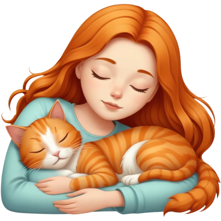 Generate a picture of a beautiful girl with long hair sleeping with a ginger cat emoji