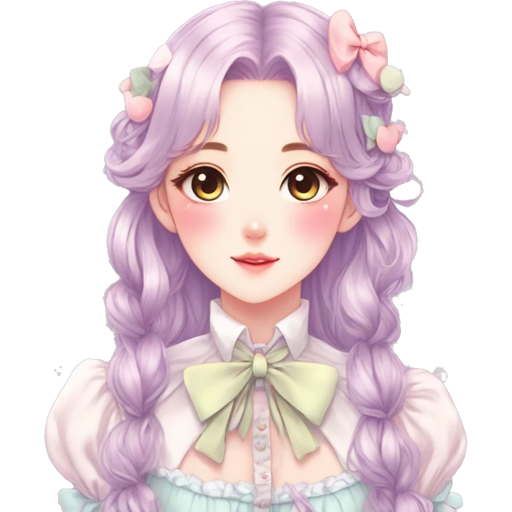 Gorgeous pastel anime style lady with blushing face and laces bow ties necklace cottagecore fairycore pastelcore colorful pearly romantic simplistic aesthetic trending style emoji