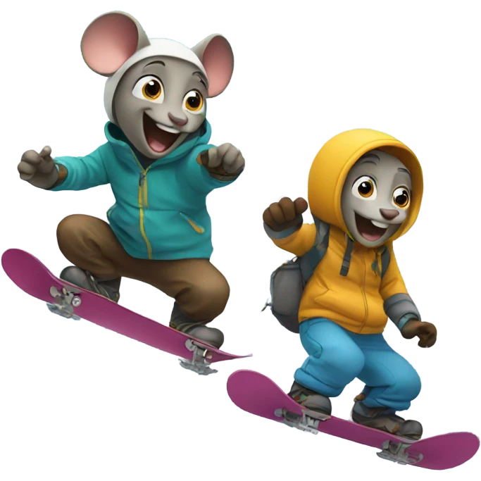 Two mouses snowboarding down a mountain  emoji