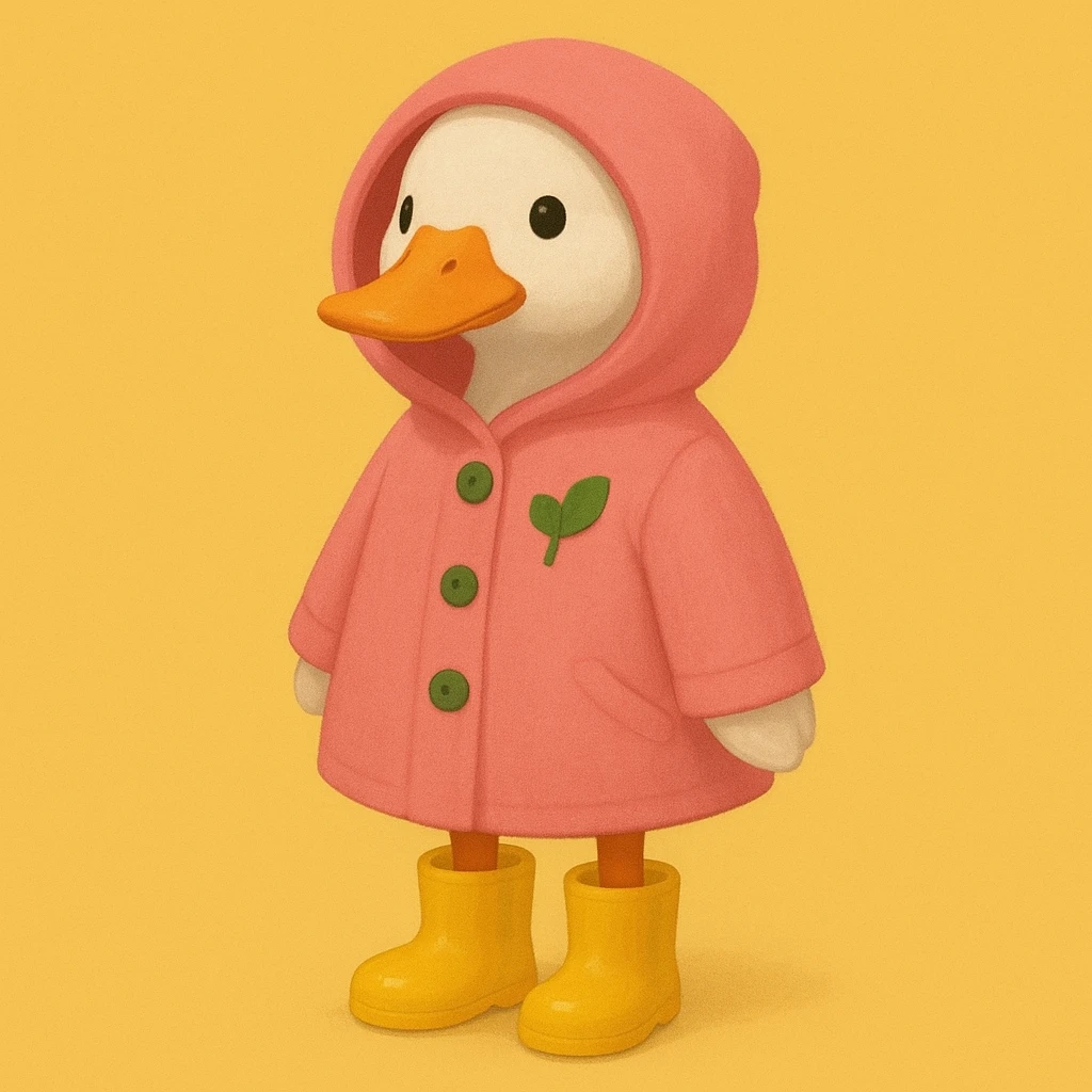A duck wearing a pink hooded coat with green buttons and a green leaf on the chest, and yellow boots. The background is plain and yellow. emoji