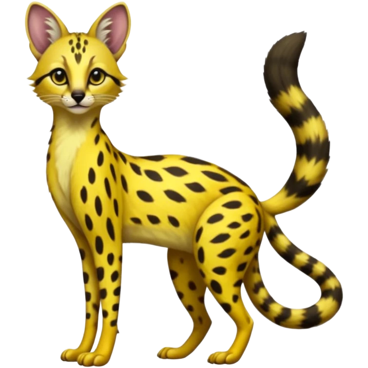 Lanky slender beautiful elegant spotted hype-realistic, black-maned, vibrant yellow Genet-Serval-Civet-fusion-hybrid-furry-fursona, full body emoji