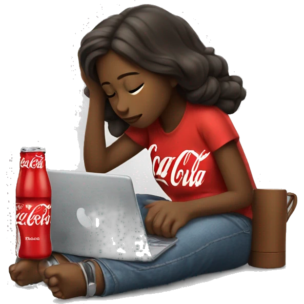 tired girl with laptop drinking coca-cola emoji