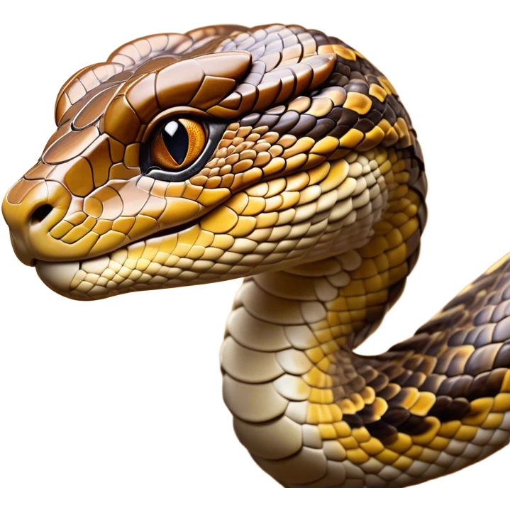 Cinematic Noble Python Portrait Emoji, Poised and regal, with a powerful, sinuous body adorned in intricate scale patterns and piercing, focused eyes, Simplified yet sharp and sophisticated features, highly detailed, glowing with a soft, earthy glow, high shine, intelligent and formidable, stylized with an air of primal elegance, focused and commanding, soft glowing outline, capturing the essence of a watchful and confident serpent that appears ready to coil out of the screen with effortless authority! emoji