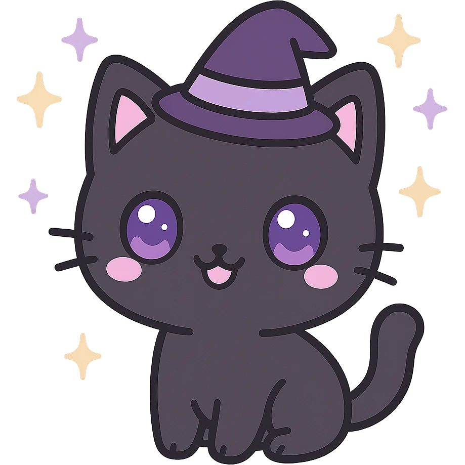 kawaii style magical gothic cat, cute face, black fur, purple eyes, wearing a tiny witch hat, sparkling stars, playful and enchanting emoji