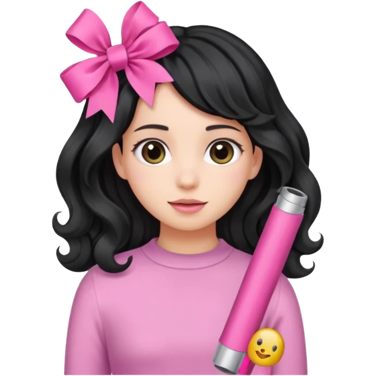 Girl with black wavy not so long hair and a ribbon hair clip make it look like wearing a pink tube emoji