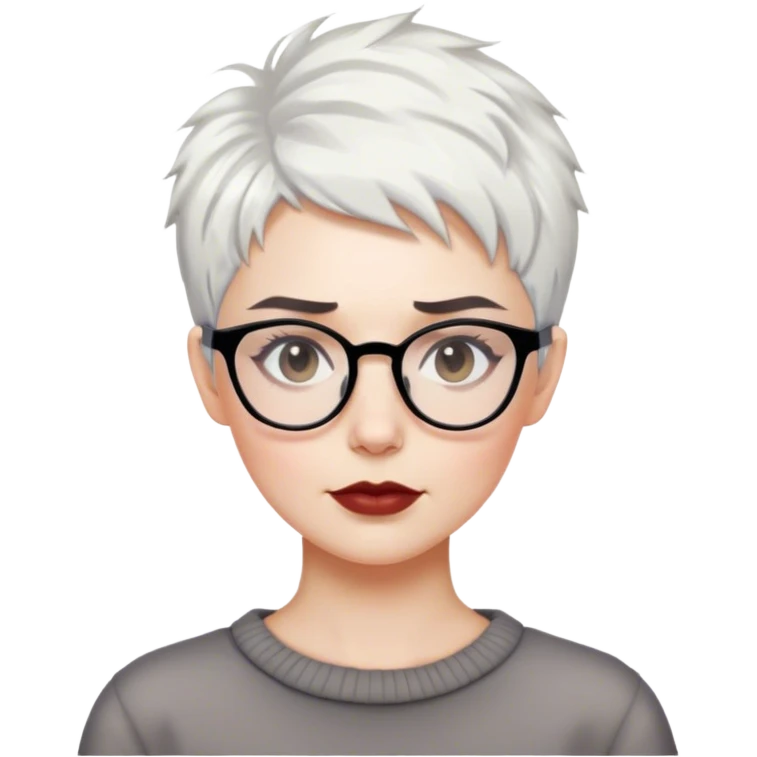White woman with messy short pixie white hair, dark brows, glasses emoji