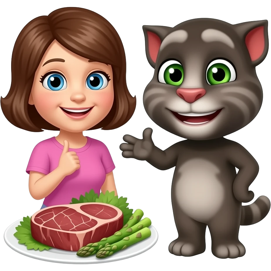 Mom Talking Tom and has oneSteak and asparagus emoji