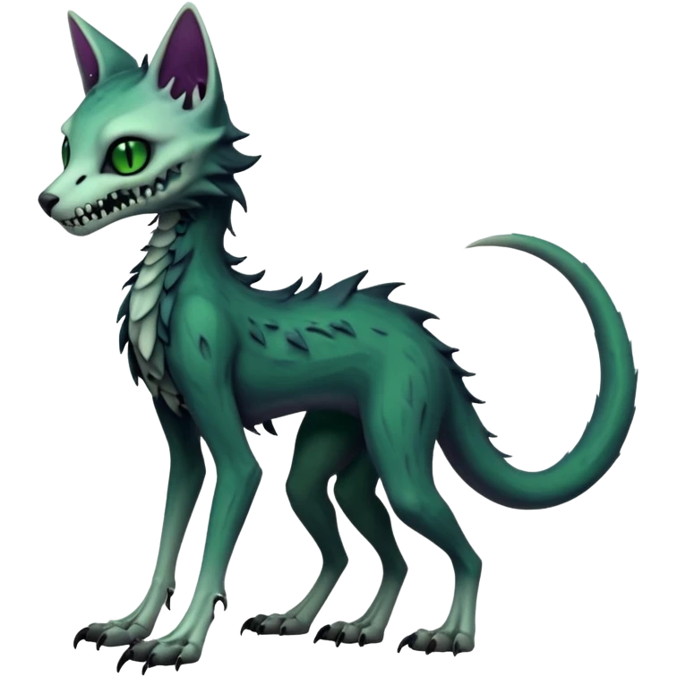 Bloody gory spectral spooky dark bleak blackish swampy white-skeletal gloomy ghostly dark greyish dark-deep-greenish foggy eldritch beautiful realistic edgy fantasy ghoul-like stitched feline-vernid-sergal-fursona animal creature with a tufted tail full body with intricate markings  emoji