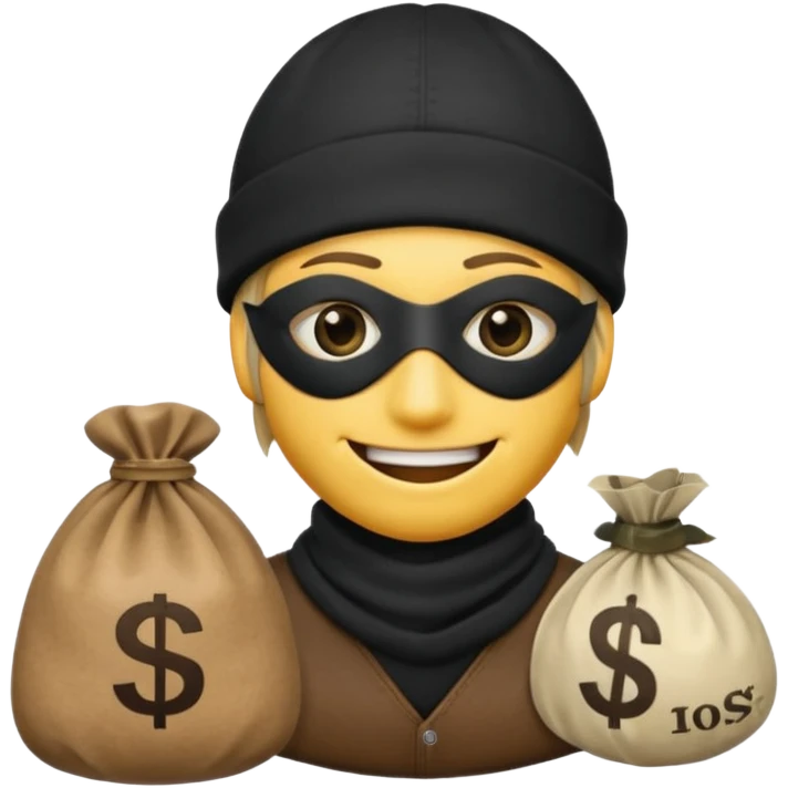 smiley robber wears black eye mask and black beanies with one money bag beside him emoji