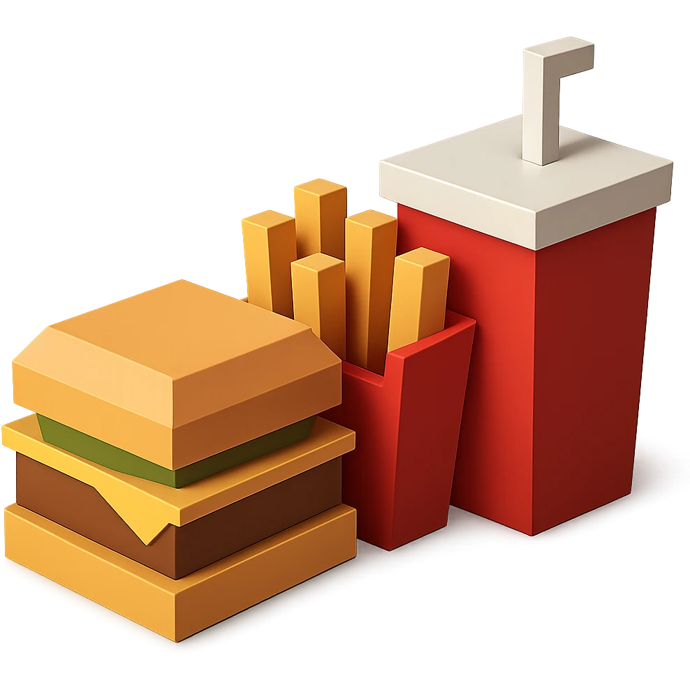 A burger and fries combo meal with drink, clean geometric 3D blocks style emoji