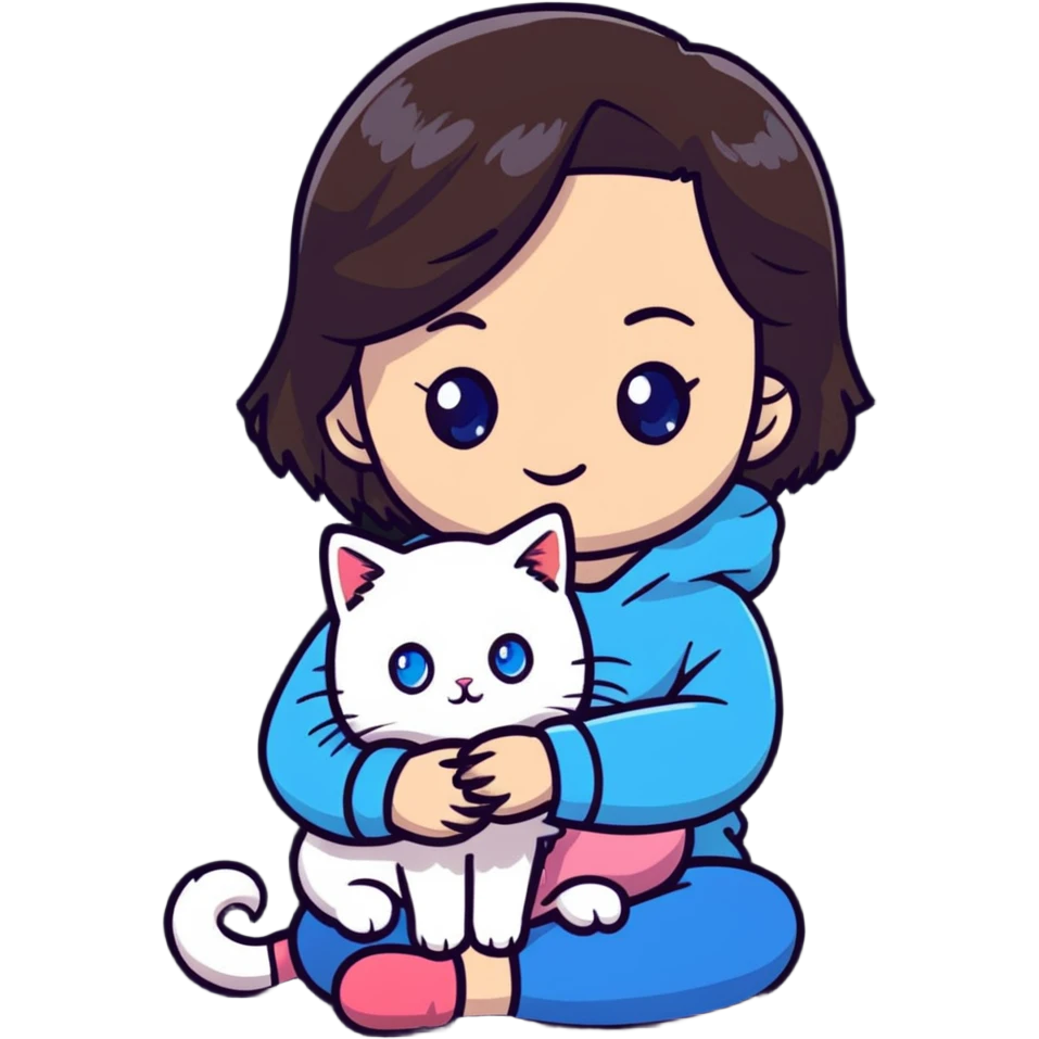 Cute Asian girl cradling a ragdoll cat with blue eyes and light colored fur with darker points emoji