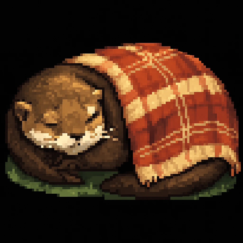 Make the image a pixel art style: Add a cozy blanket draped over the sleeping otter, keep pixel art style and colors emoji