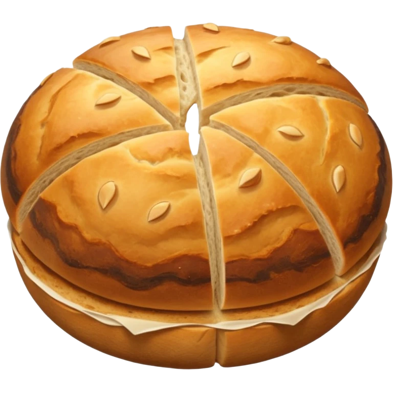 round rustic sourdough with cracked crust. emoji