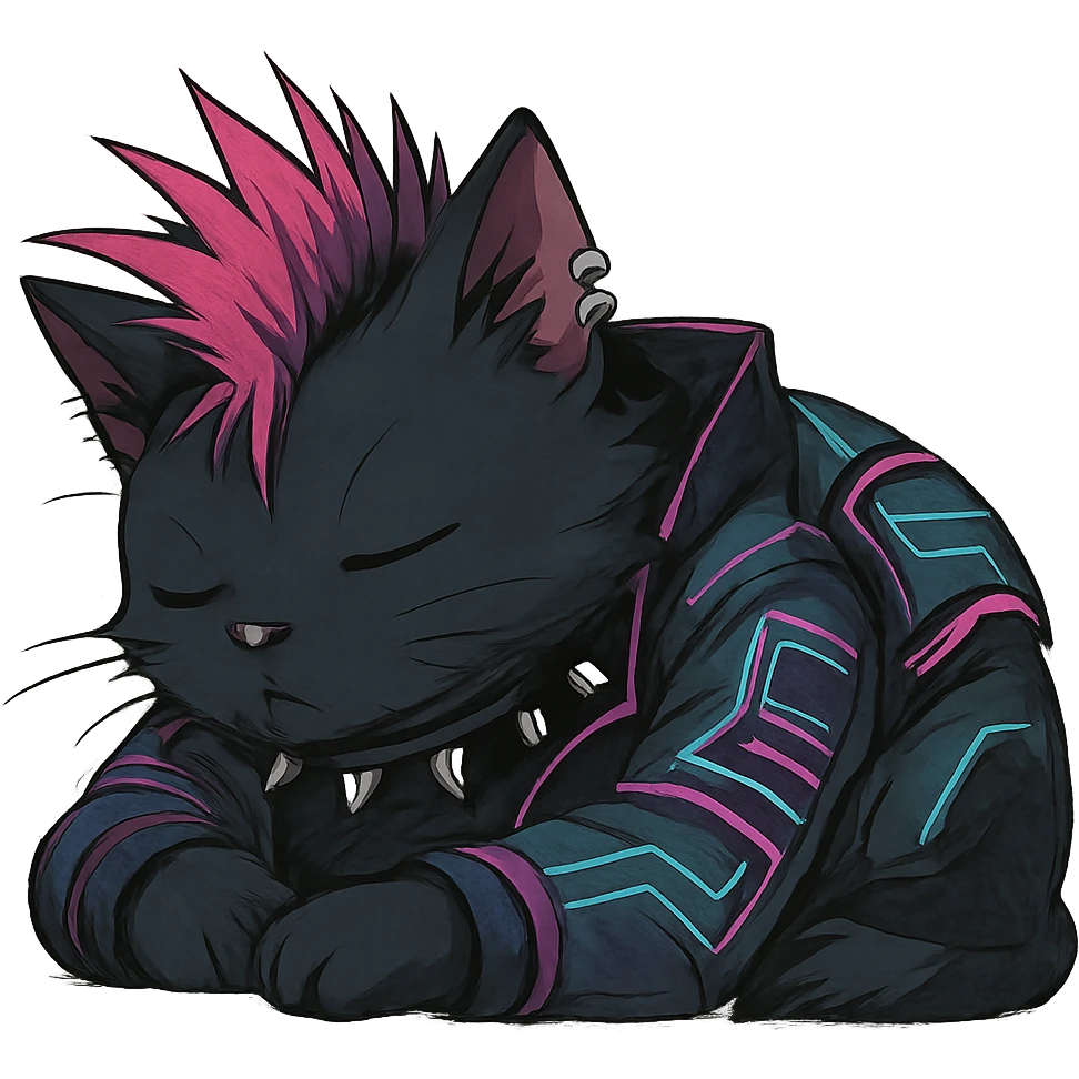  a cat laying down his head to nap, punk gothic style, futuristic cyberwave cyberpunk, sitting position emoji