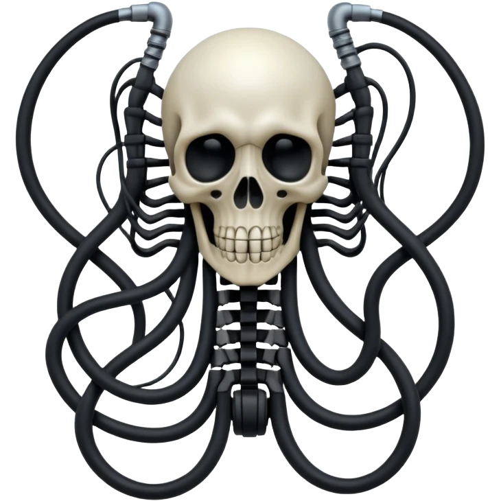 tangled black cables merging with skeletal forms, undead biomechanical, Giger style emoji