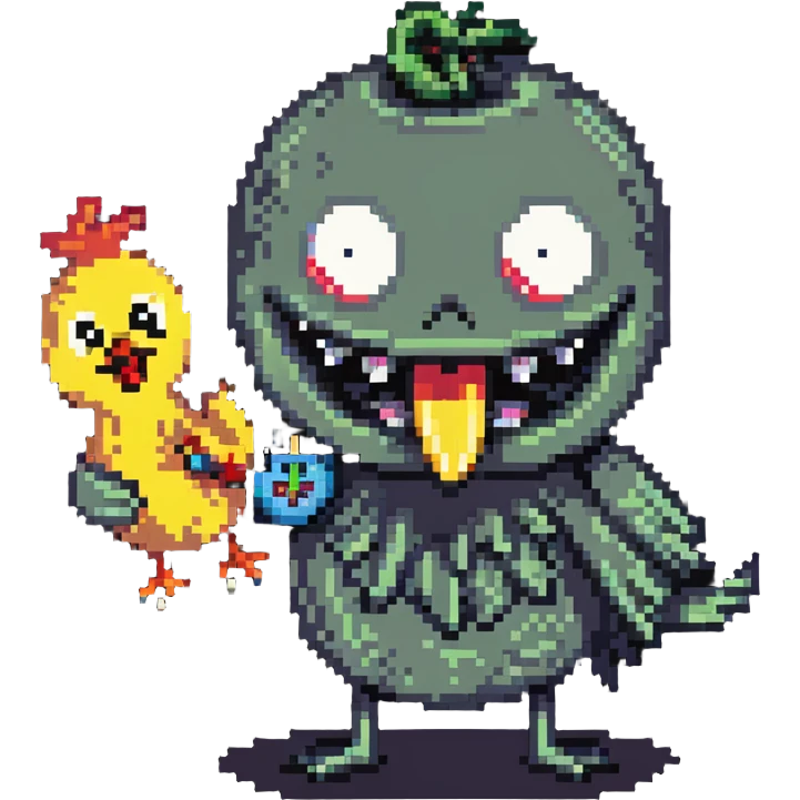 bulging eyes, unhinged grin, too many teeth, one eyeball twitching, tongue out sideways, sweating, glitching, peace sign, holding cursed rubber chicken emoji