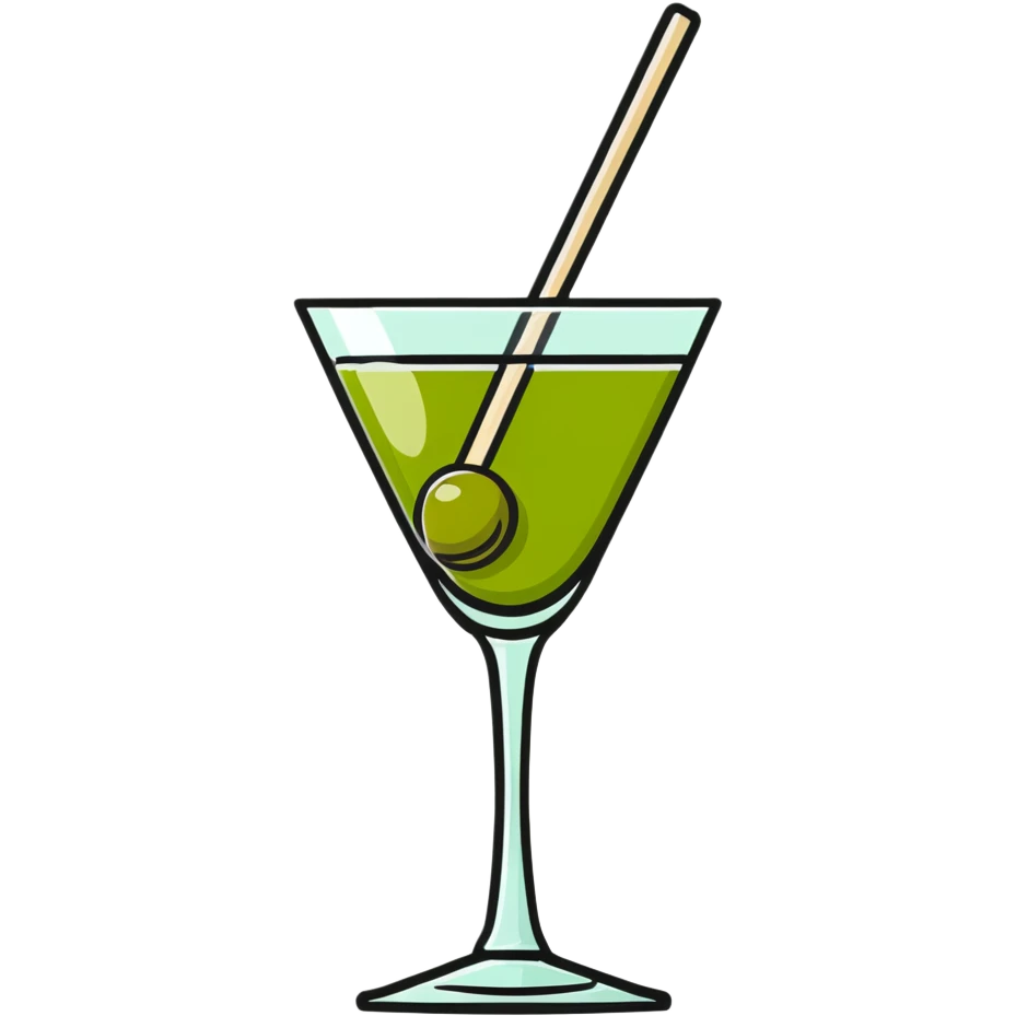 classic cocktail glass with perfectly clear colorless liquid like pure water, completely transparent with no tint, containing a green olive speared on a toothpick at the bottom emoji