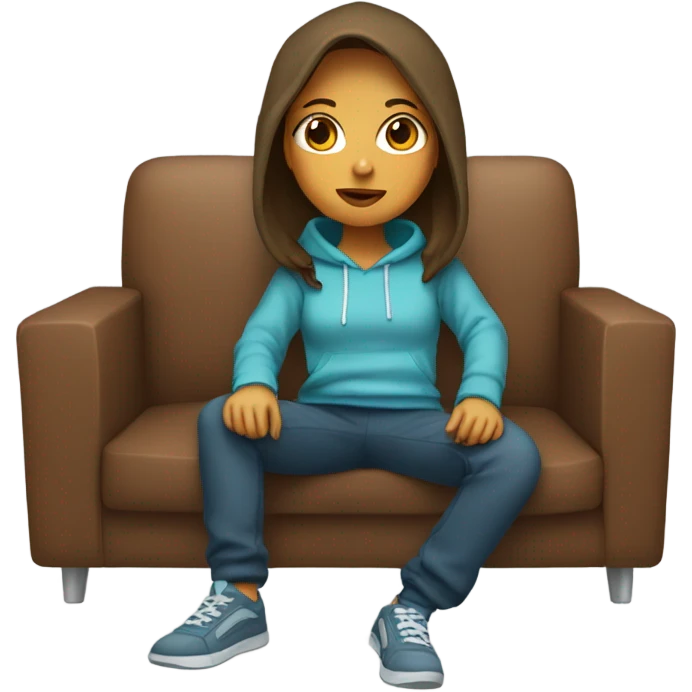 A girl with square brown hair in a hoodie and pants on the couch emoji