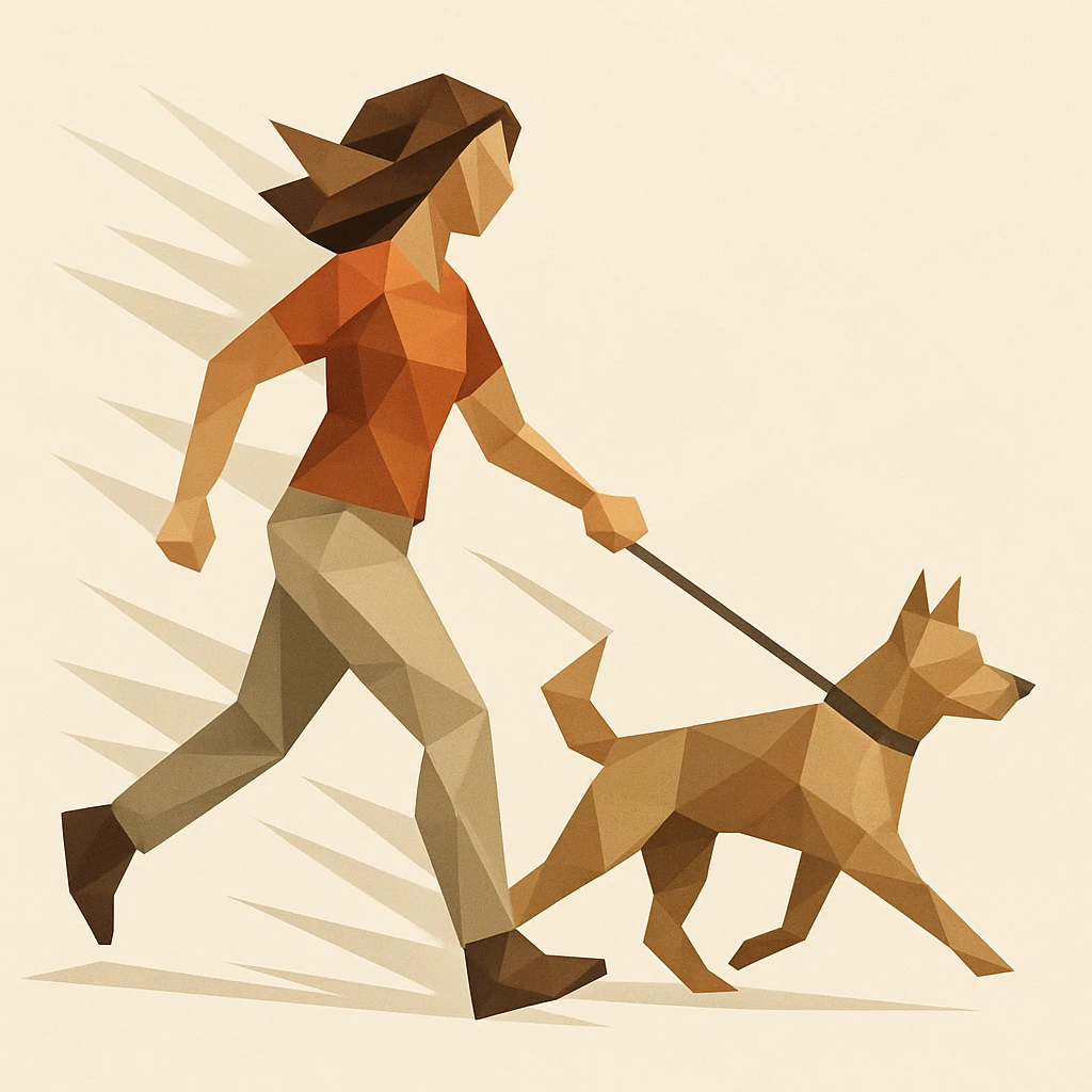 Woman walking a dog, both stylized in faceted motion lines.


 emoji