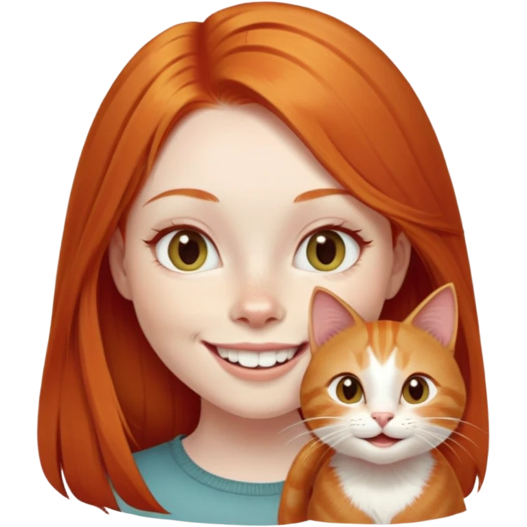 traditional emoji of young girl with very pale skin, long straight bright ginger red hair, cat-like almond-shaped eyes that are angled upward, wide flat nose, big smile with very large prominent teeth showing, classic round face emoji