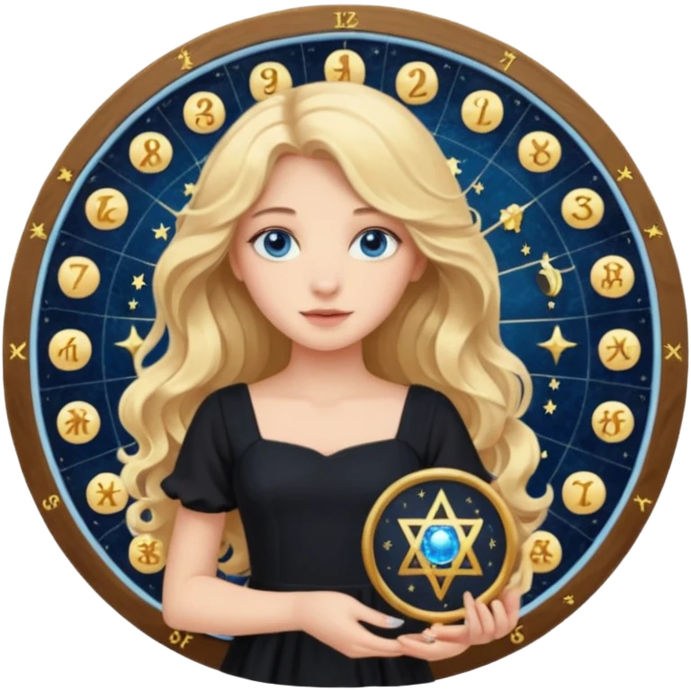 A long wavy haired blonde girl with blue eyes, wearing black, holding astrology natal chart. emoji
