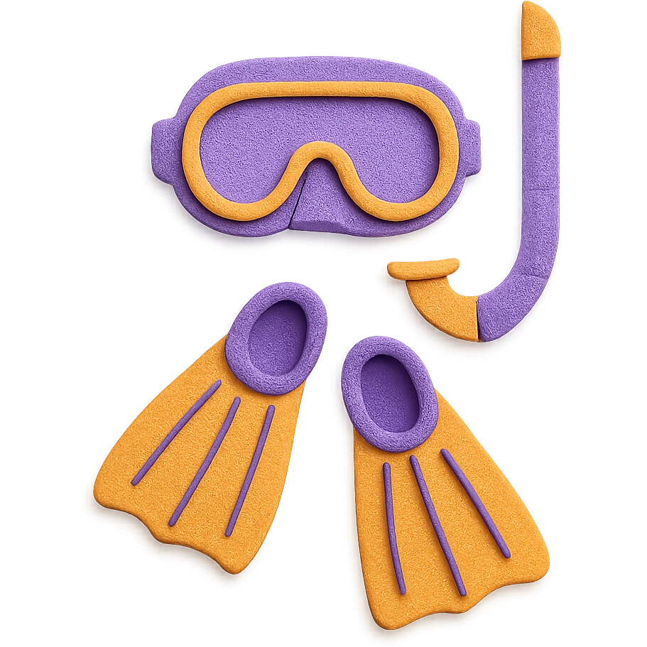 colorful and playful snorkel and flippers, purple and orange emoji