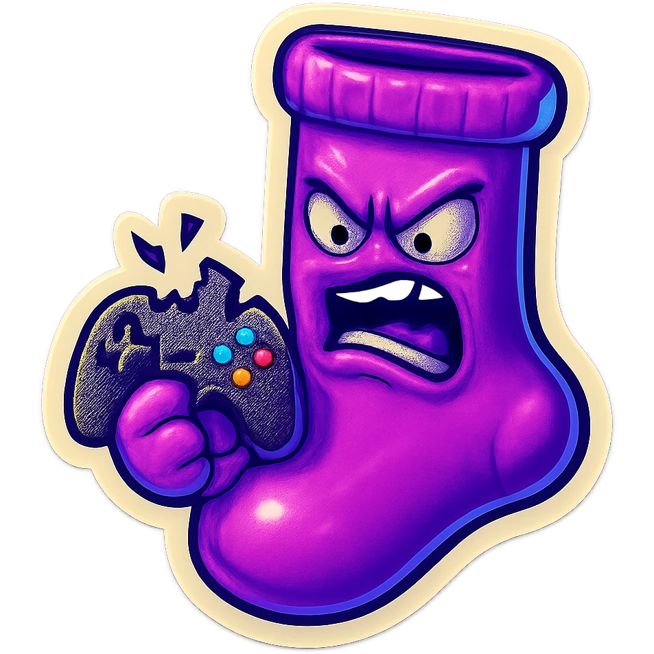 A neon-purple sock with a rage face, holding a broken controller, representing rage or frustration in gaming. emoji