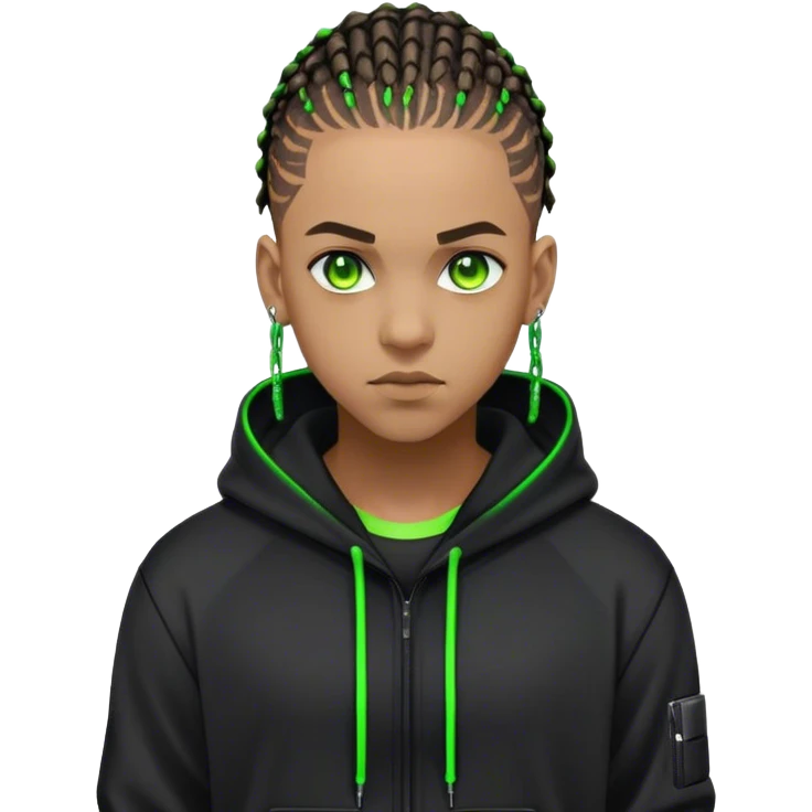 Light skinned African American male with green eyes as a cyberpunk hacker with cornrows hairstyle but short cornrows  emoji